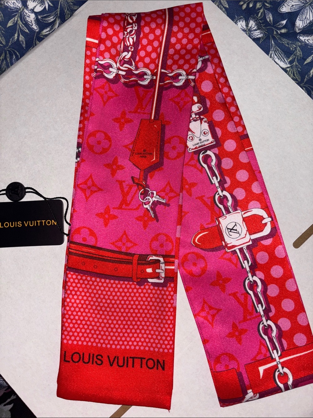 Brand new 100 % Silk Pink and Red Monogram Silk Twilly Scarf